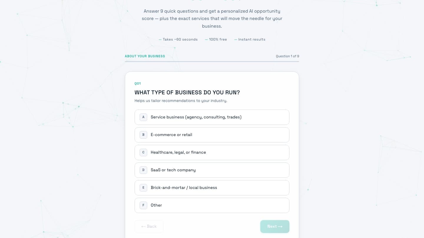 The Voreli AI free AI readiness audit, showing question one of nine