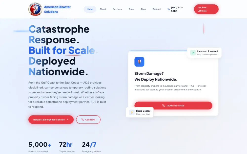 American Disaster Solutions home page, built by Voreli AI