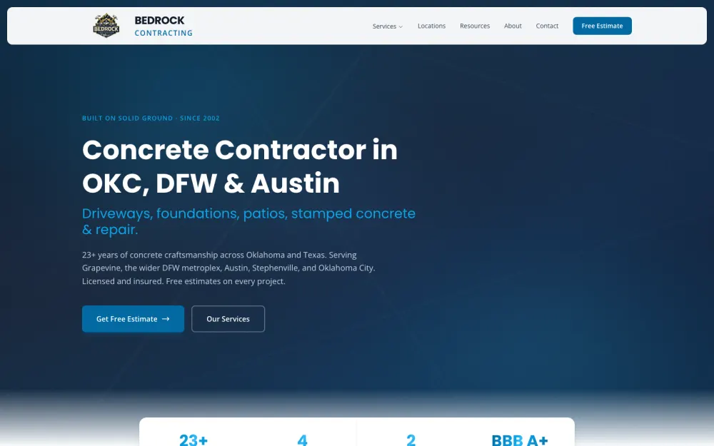 Bedrock Contracting home page, built by Voreli AI