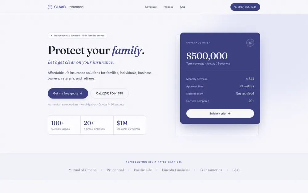 Claar Insurance home page, built by Voreli AI