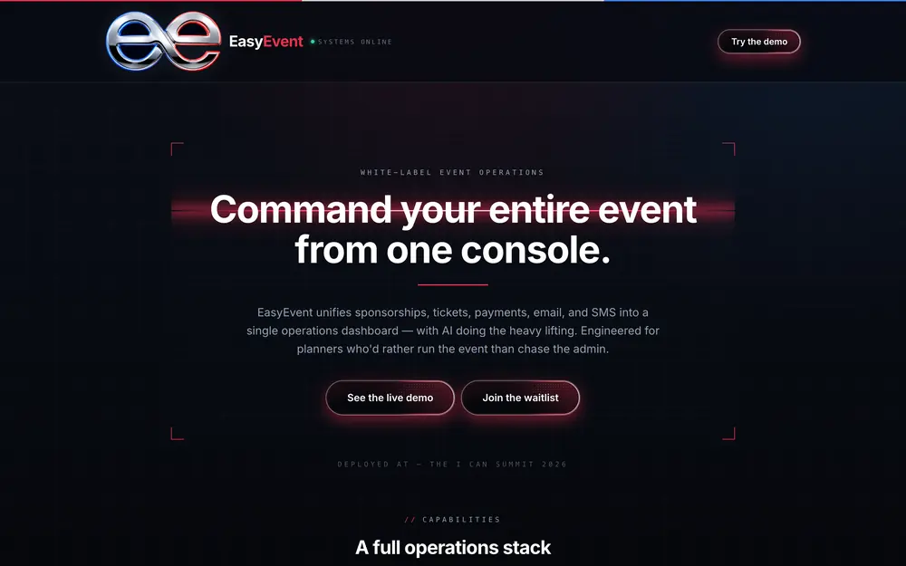 EasyEvent website, built by Voreli AI