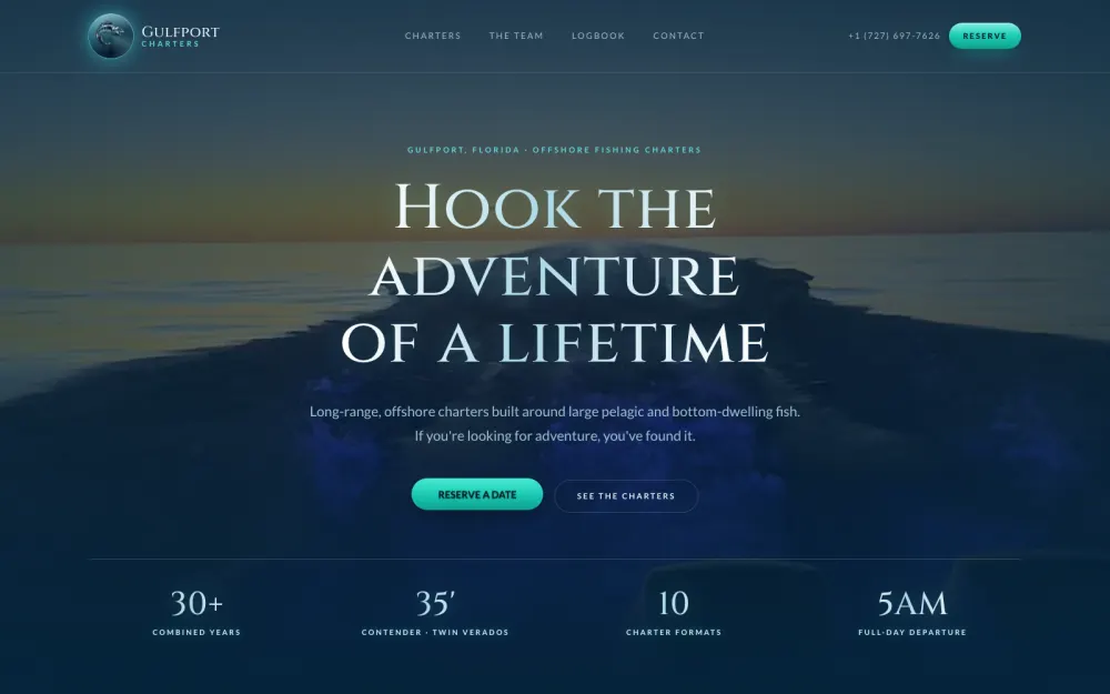 Gulfport Charters home page, built by Voreli AI