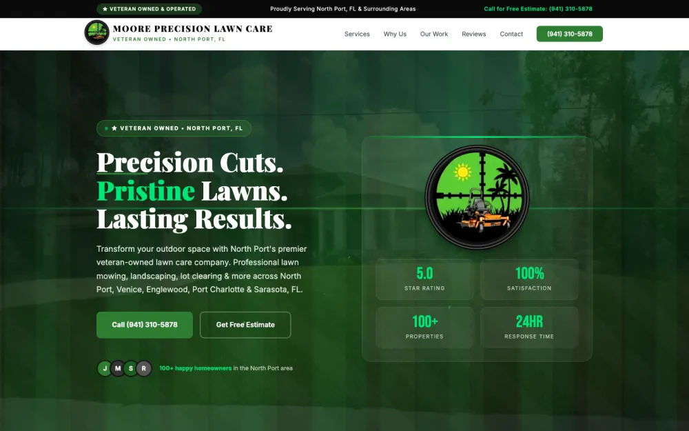 Moore Precision Lawn Care home page, built by Voreli AI
