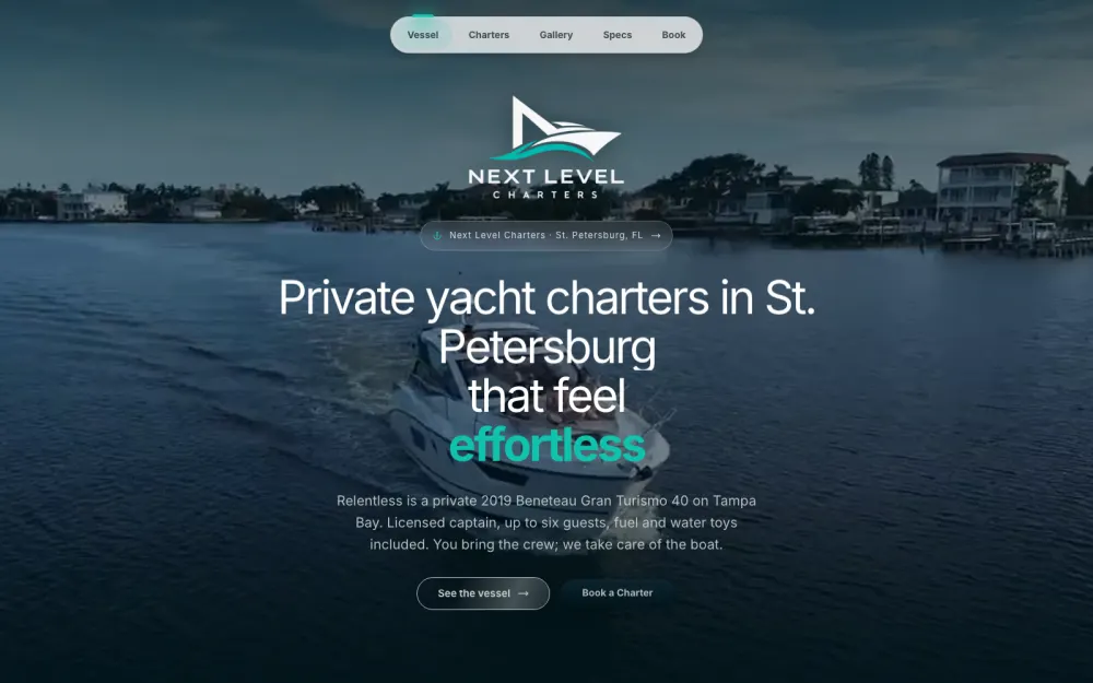 Next Level Charters home page, built by Voreli AI