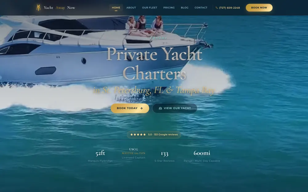 Yacht Away Now home page, built by Voreli AI